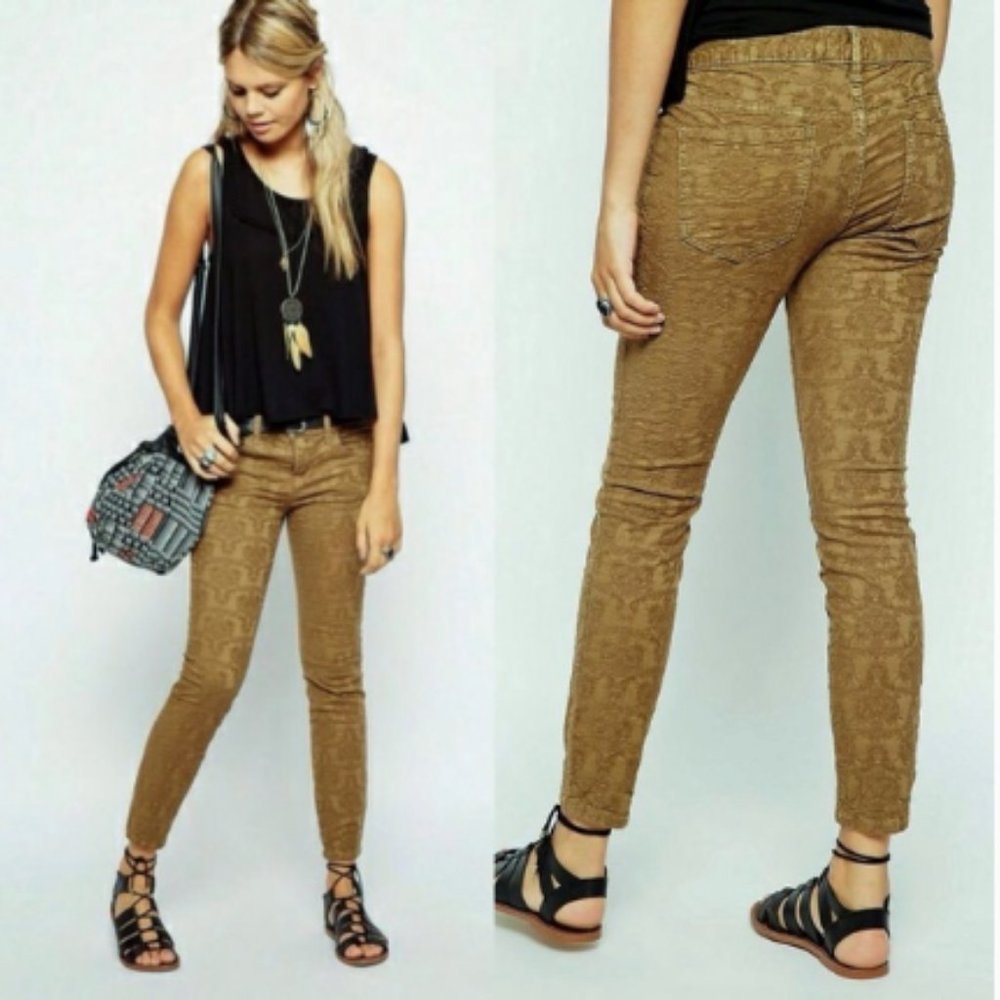 Free People Jacquard Cropped Skinny Jeans - Gold/Mustard - 26" inseam